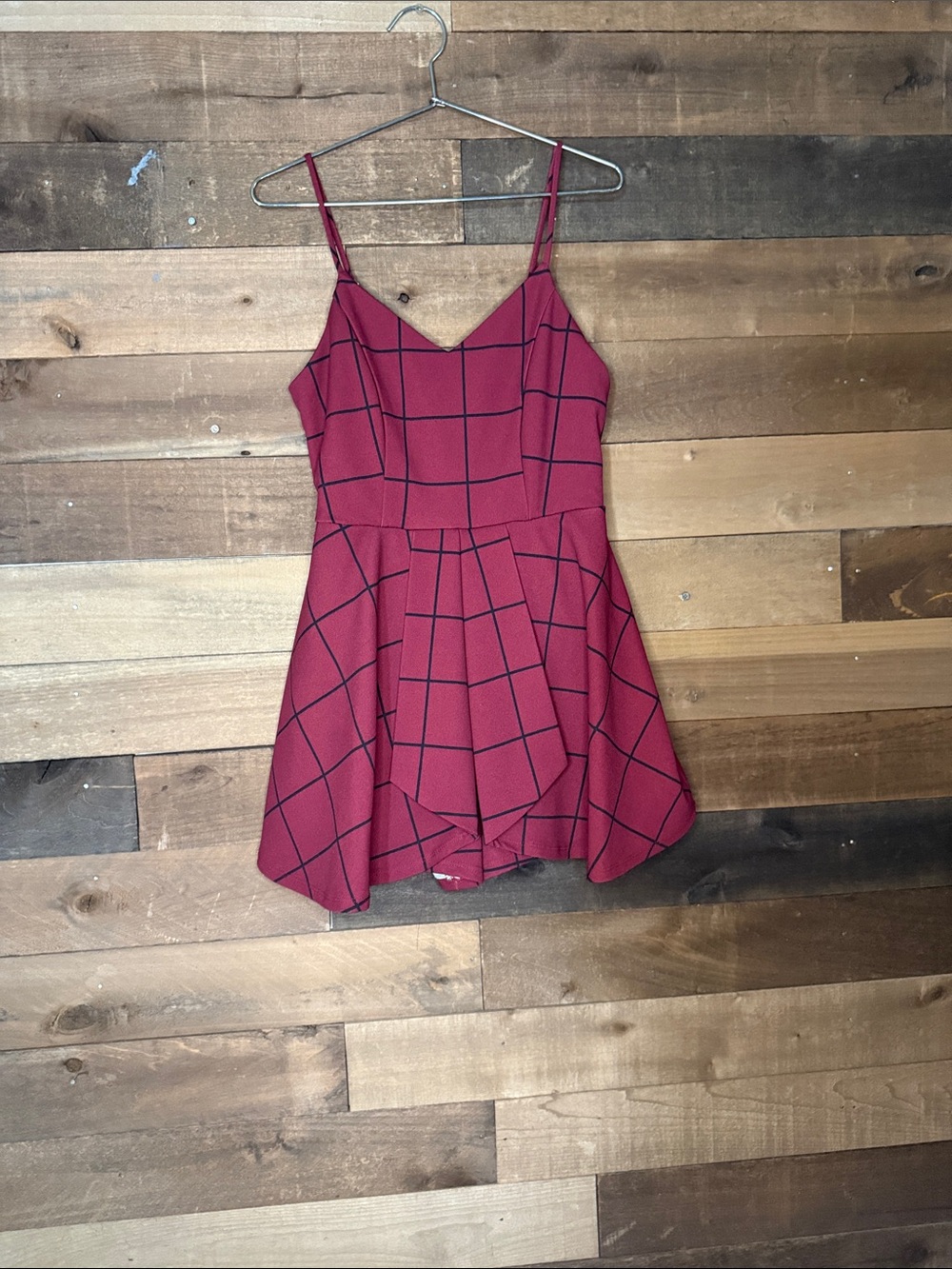 Active USA Burgundy Windowpane Spaghetti-Strap Mini Dress